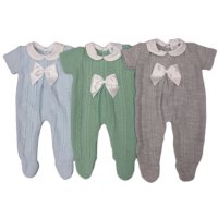 MC767-Sky: Baby Short Sleeve Knitted All In One With Bow (0-9 Months)